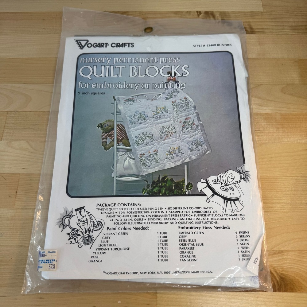 Vintage Vogart Crafts 8340B Bunnies Nursery Quilt Blocks Kit 1977 Stamped 12pc